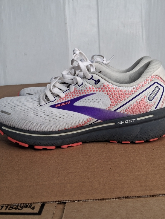 Brooks Shoes - Brooks Ghost 14 Running Shoes Women's Size 8.5 White/Purple/Coral